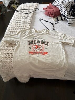 adidas Cream Graphic University Tee with Coral & Green Print